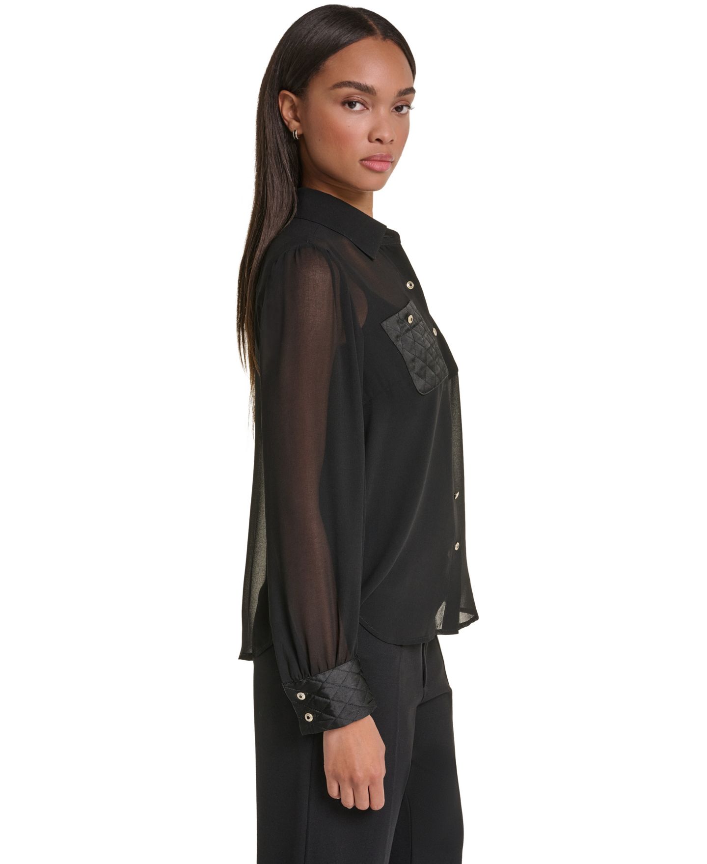 Женская блузка KARL LAGERFELD PARIS Long-Sleeve Chiffon with Quilted Pockets, цвет: Чёрный — фото 3