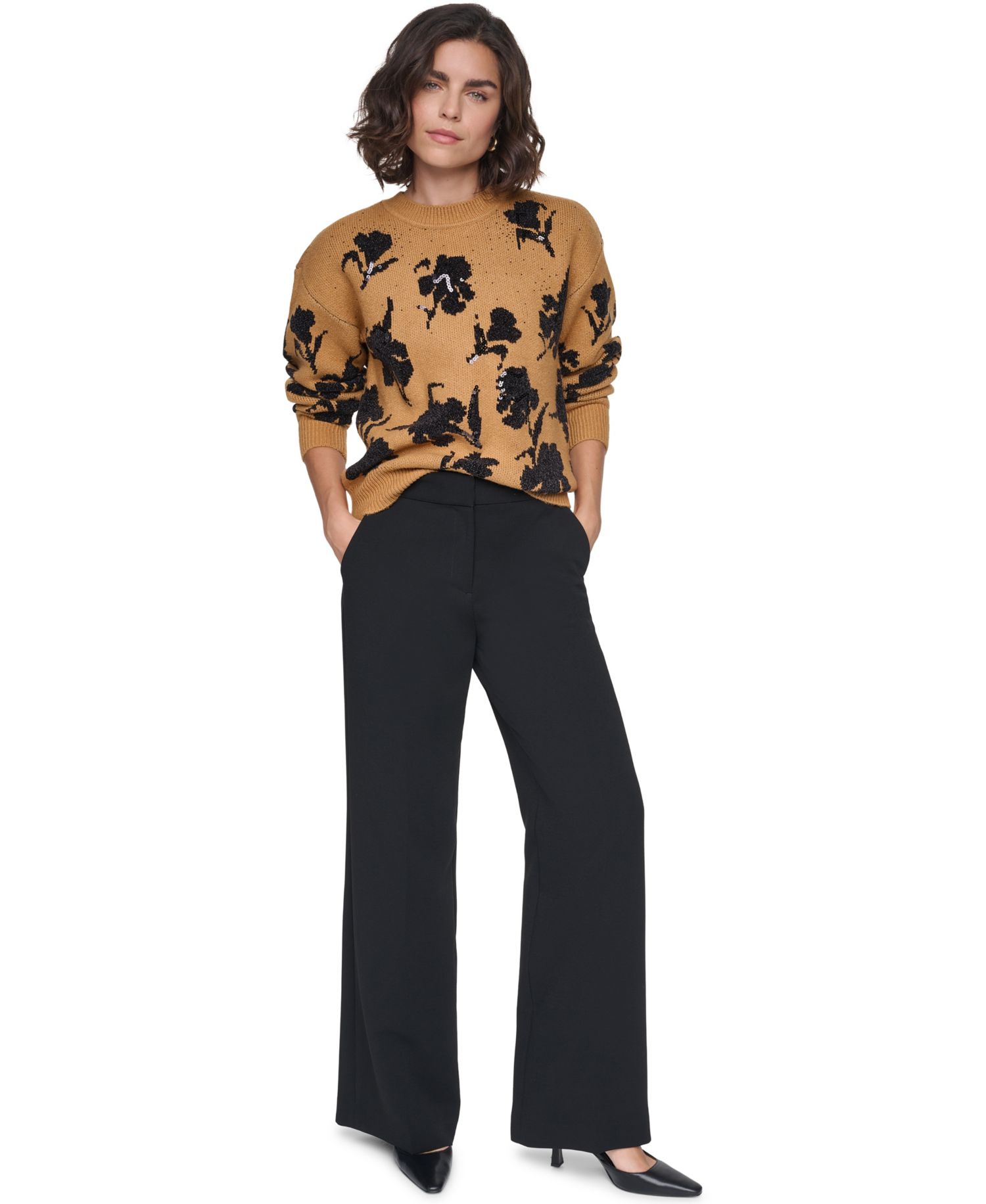 Women's Floral Sequin Crewneck Pullover Sweater