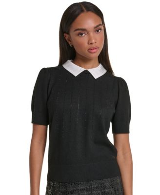 Karl Lagerfeld Paris Womens Collared Short Sleeve Sweater