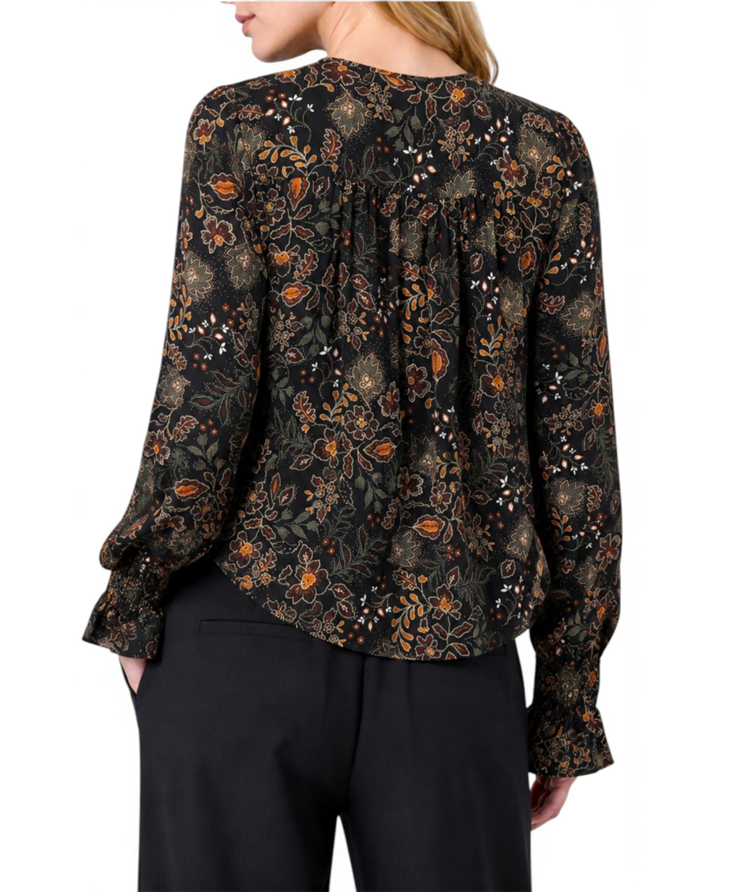 Женская блузка Liverpool Los Angeles Floral Satin Pintuck Long-Sleeve, цвет: Чёрный / Ржавый разноцветный — фото 3