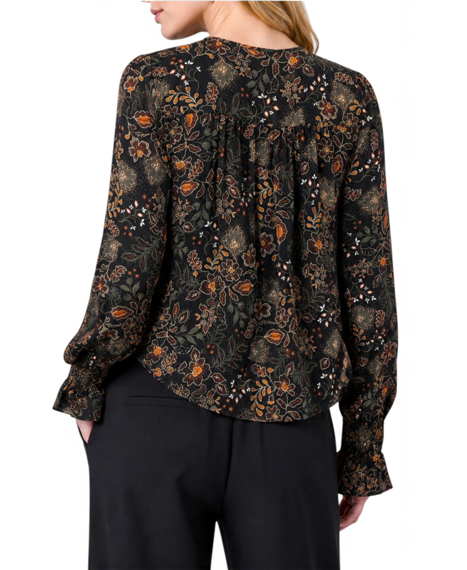 Women's Floral Satin Pintuck Long-Sleeve Blouse
