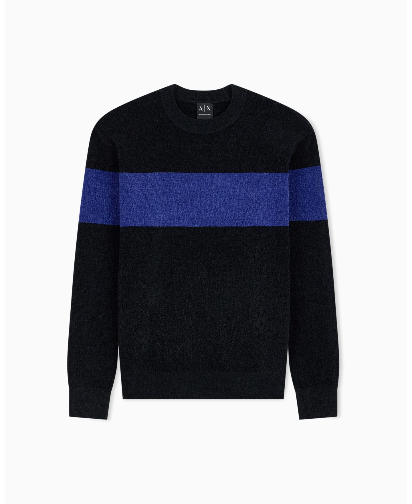 Мужской свитер A|X Armani Exchange из синели с длинным рукавом, колор-блок, круглый вырез, цвет: Чёрный синий — фото 2