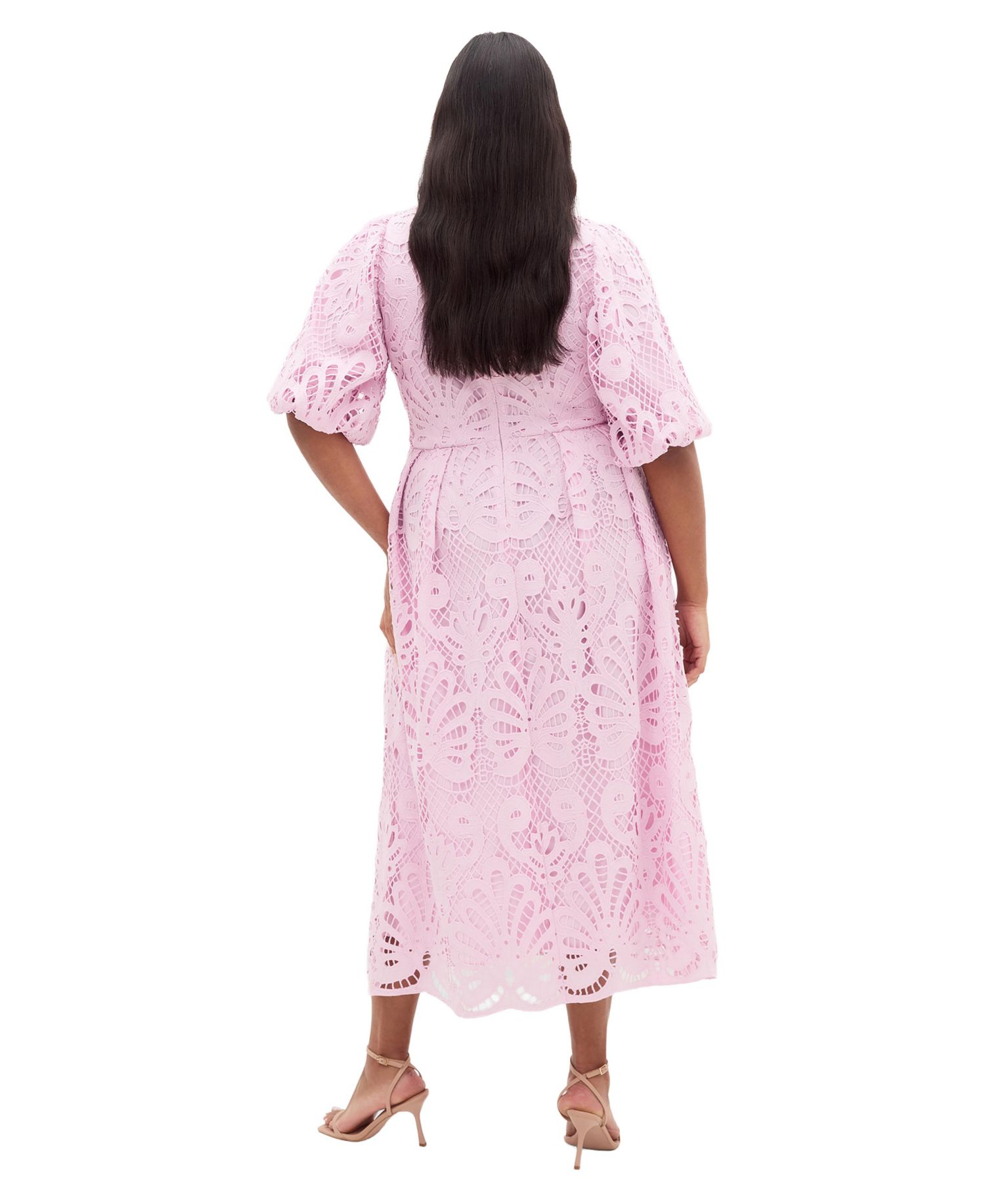 Plus Size Kylee V-Neck Balloon-Sleeve Embroidered-Lace Midi Dress