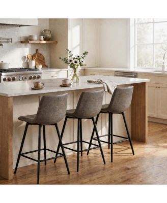 Set of 3 Counter Height Bar Stools 35.4" Tall Faux Leather Padded Seat Metal Legs with Backrest for Kitchen Island