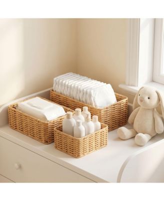  Wicker Storage Baskets Set of 3, PVC Rattan Handwoven Rectangular Baskets, Farmhouse Style for Living Room Bedroom Balcony
