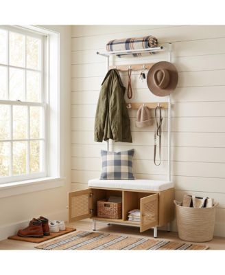 Freestanding Hall Tree With Bench and Shoe Storage, Rattan Entryway Coat Rack With Hooks, Wood and Matte Finished Frame