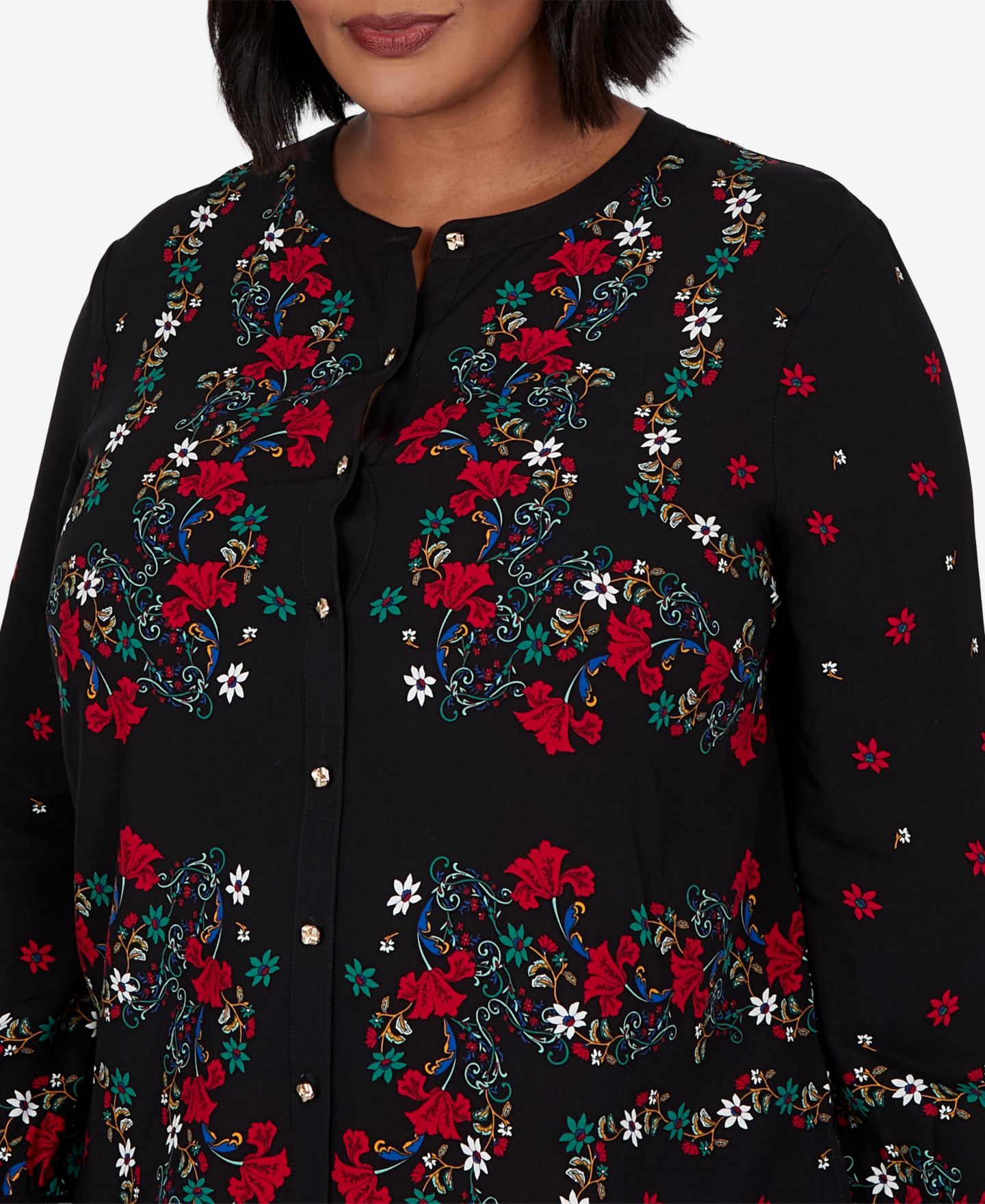 Женская блузка Ruby Rd. Plus Size Floral-Print Long-Sleeve Button-Front, цвет: Чёрный разноцветный — фото 4