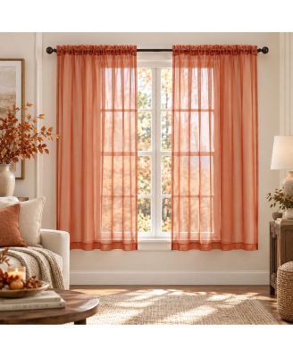 2 Piece Rod Pocket Autumn Spice Sheer Voile Window Curtains For Short Windows