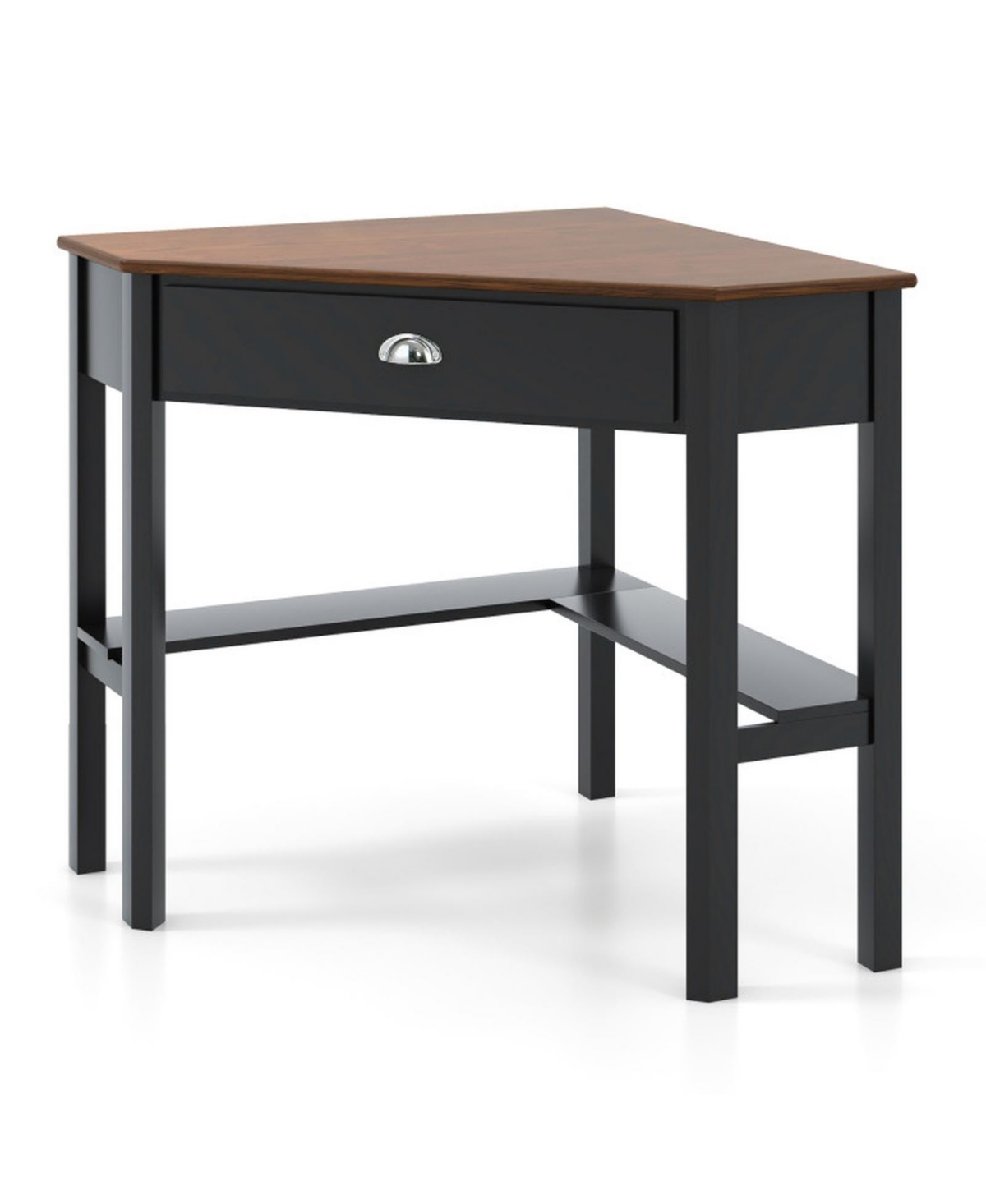 Gouun Corner Computer Desk with Drawer and 2 Open Shelves Pine Wood Frame - Coffee