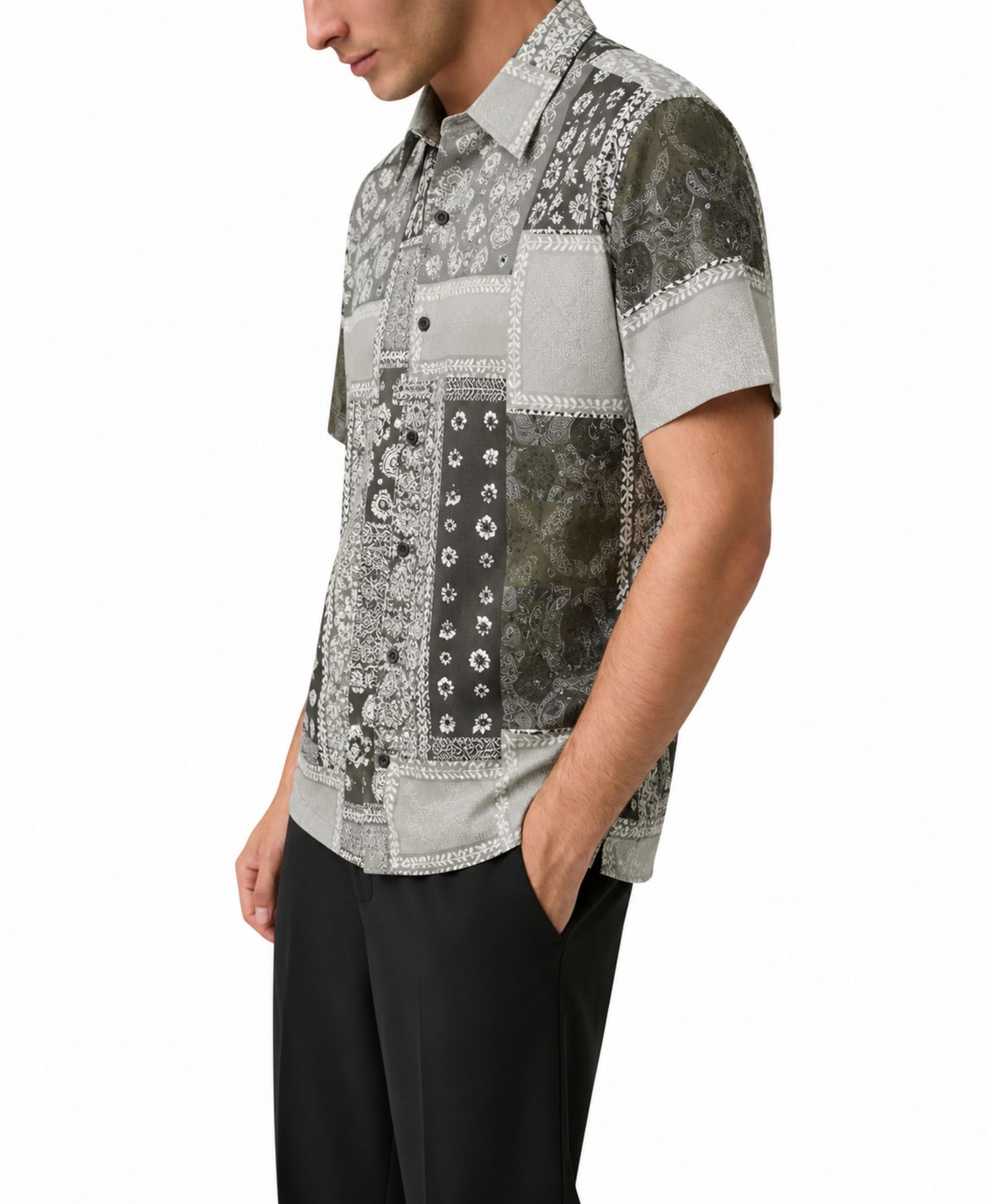 Мужская рубашка GUESS Eco Rayon Patchwork Short-Sleeve Spread Collar Button-Up, цвет: С принтом зелёный — фото 4