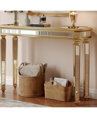 48" Vintage Mirror Console Table, Luxury Wood Carving Entryway Sofa Table for Living Room Hallway