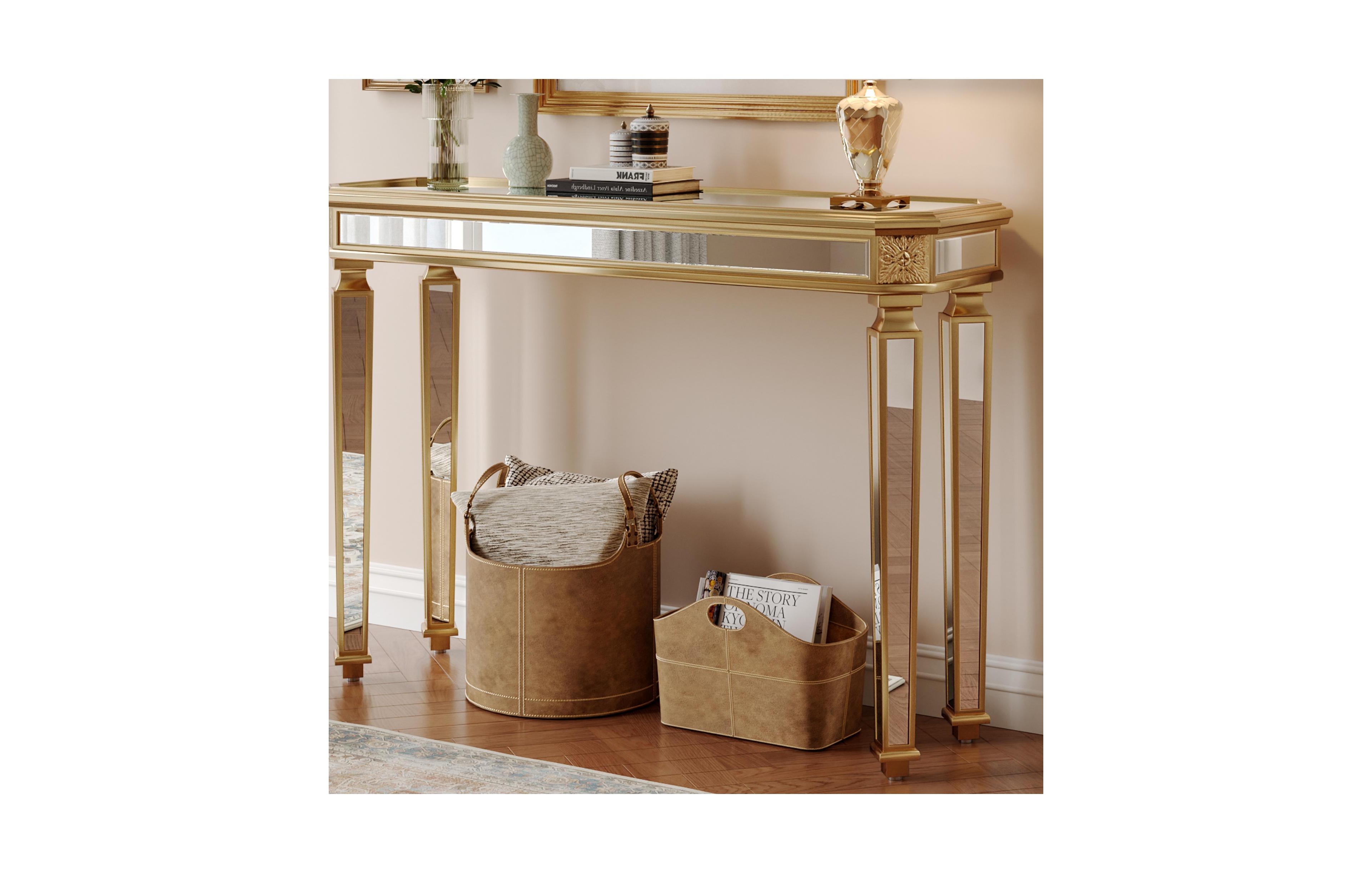 Clihome 48" Vintage Mirror Console Table, Luxury Wood Carving Entryway Sofa Table for Living Room Hallway