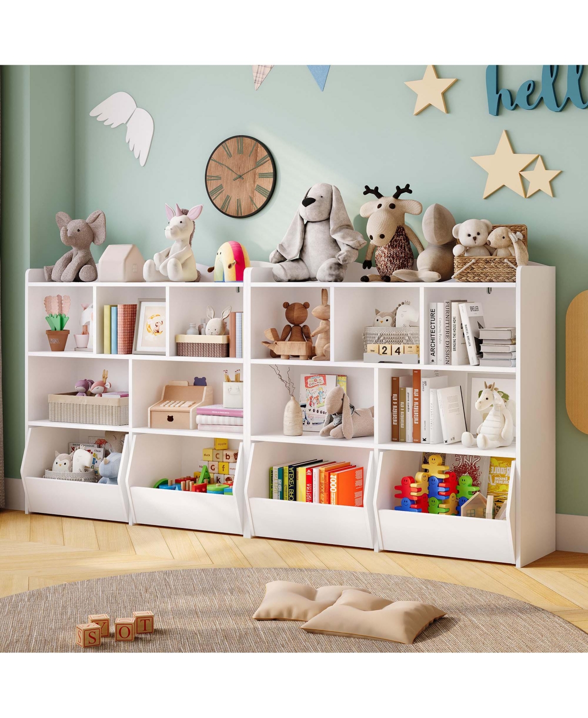 homfan Set of 2 Kids Toy Storage Cabinet Bookshelf Organizer with Movable Drawers 3 Tier Open Shelves for Playroom Nursery Bedroom