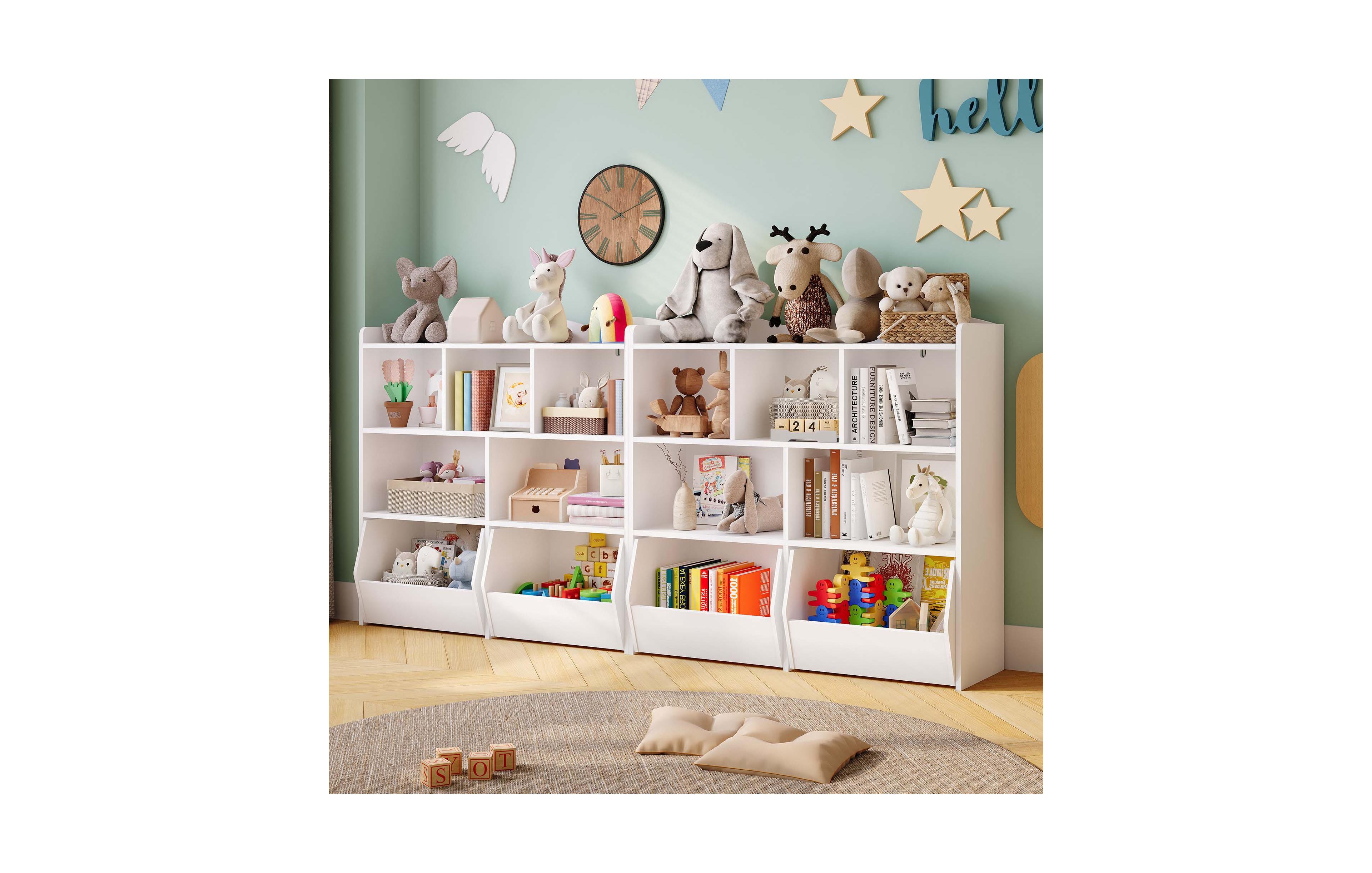 homfan Set of 2 Kids Toy Storage Cabinet Bookshelf Organizer with Movable Drawers 3 Tier Open Shelves for Playroom Nursery Bedroom