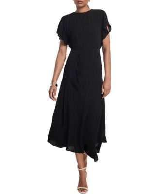 Women's Asymmetric Gathered Short Ruffle Sleeves Midi Dress