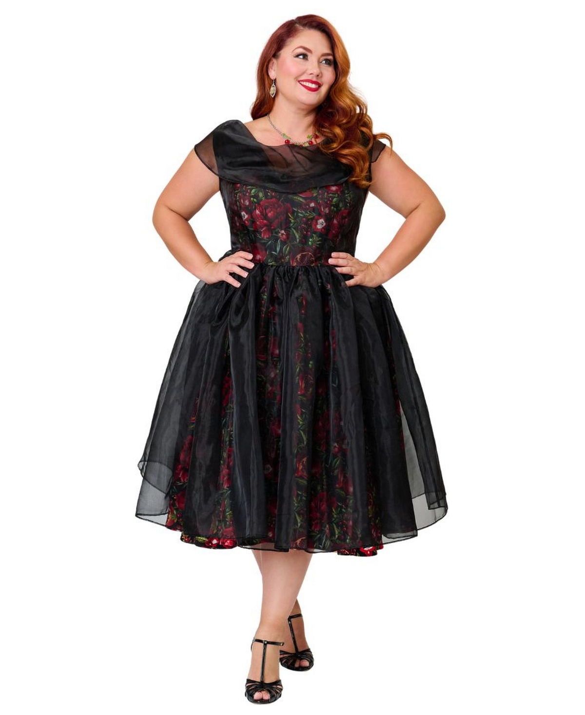 Unique Vintage Plus Size 1960s Modern Art Swing Dress - Black pomegranates print