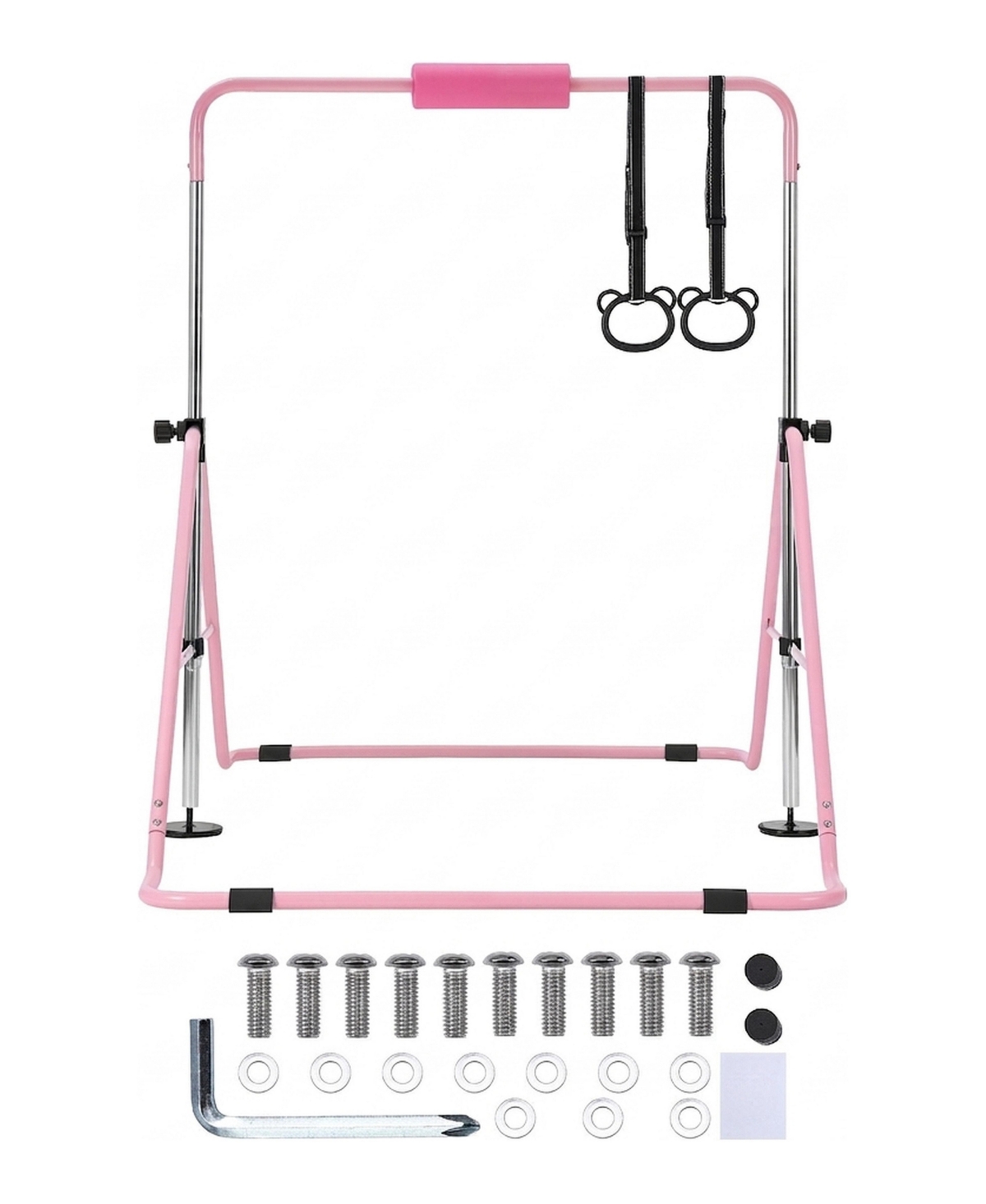 Hongge Kids Folding Gymnastics Kip Bar with 5 Adjustable Heights 2 Rings and 140 lbs Capacity for Home Training - Pink