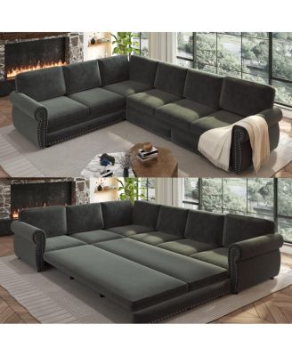 118" L-Shaped Pull-Out Sleeper Sofa with Nailhead Trim