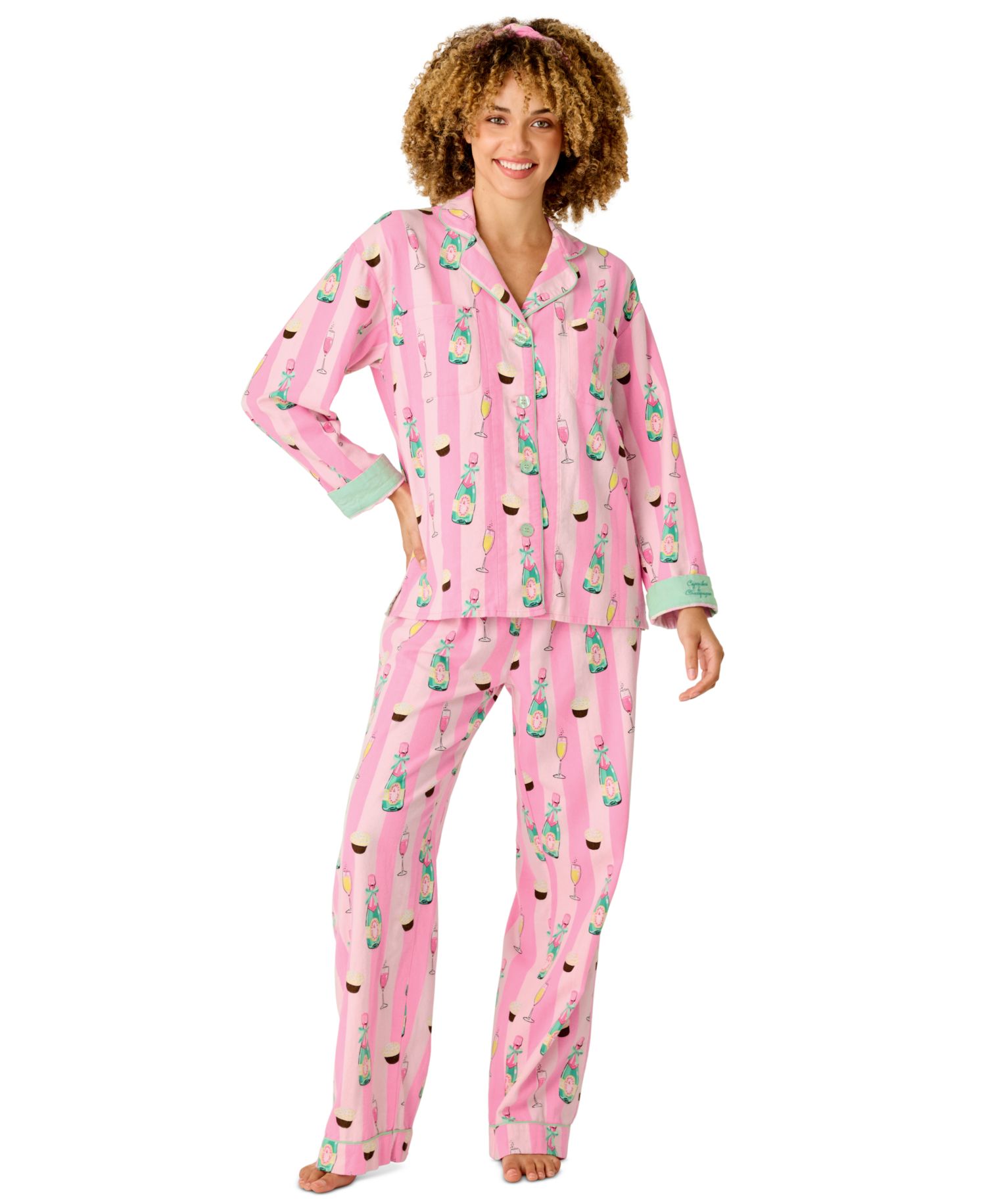 Women's Flannel Long-Sleeve Print Top and Pants, 2-Piece Set