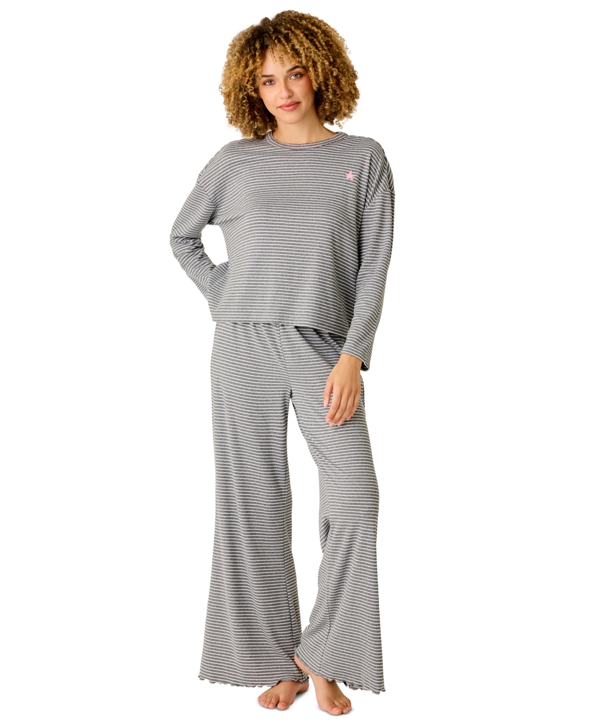 Pj Salvage Women's Icon Stripes Brushed Pointelle Long-Sleeve Pajama Set - Dark H Grey