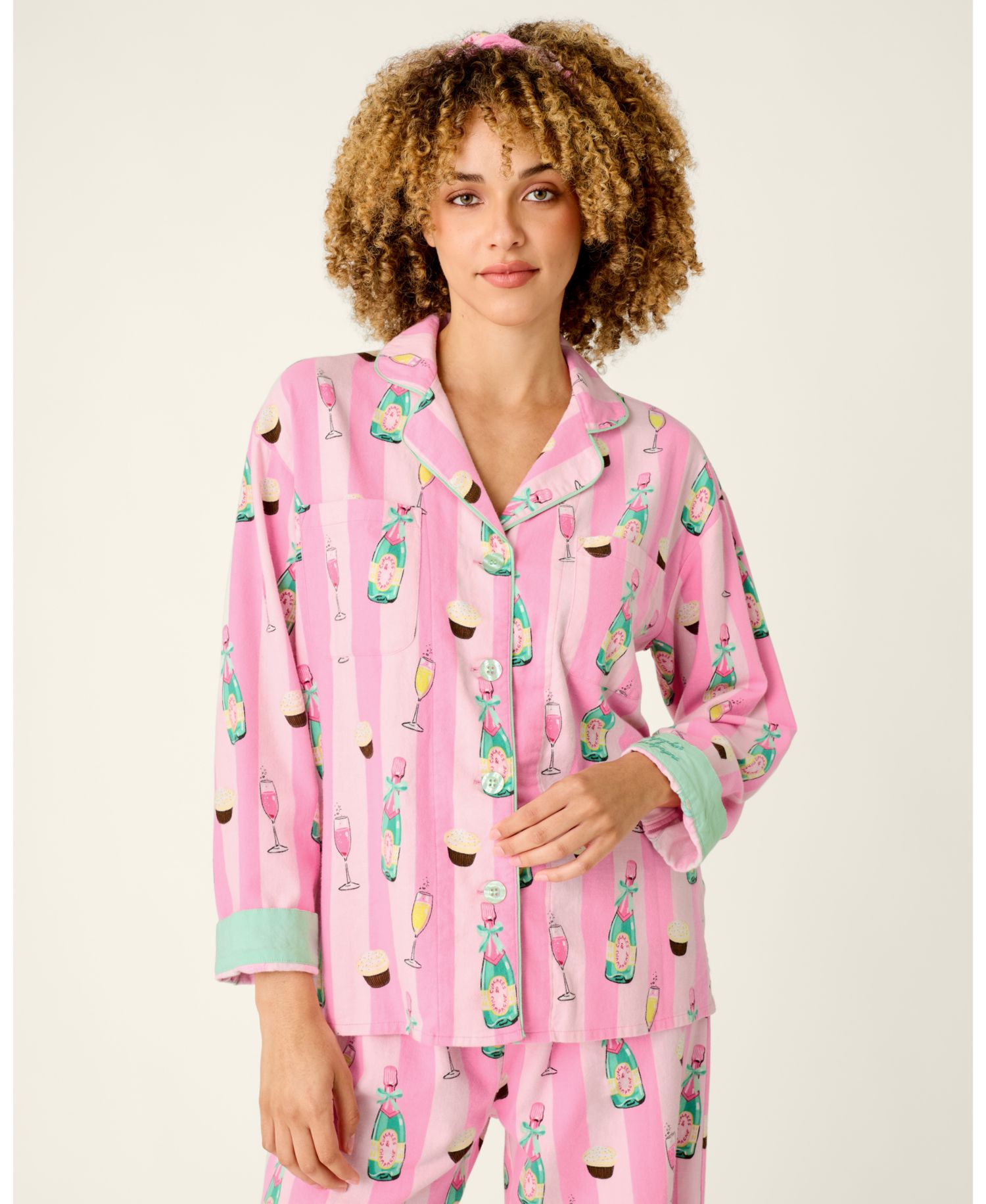 Women's Flannel Long-Sleeve Print Top and Pants, 2-Piece Set