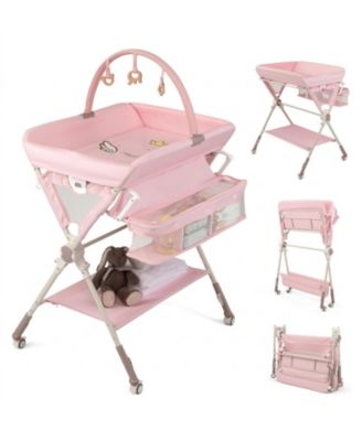 Portable Baby Changing Table on Lockable Wheels with Adjustable Height and Drying Rack