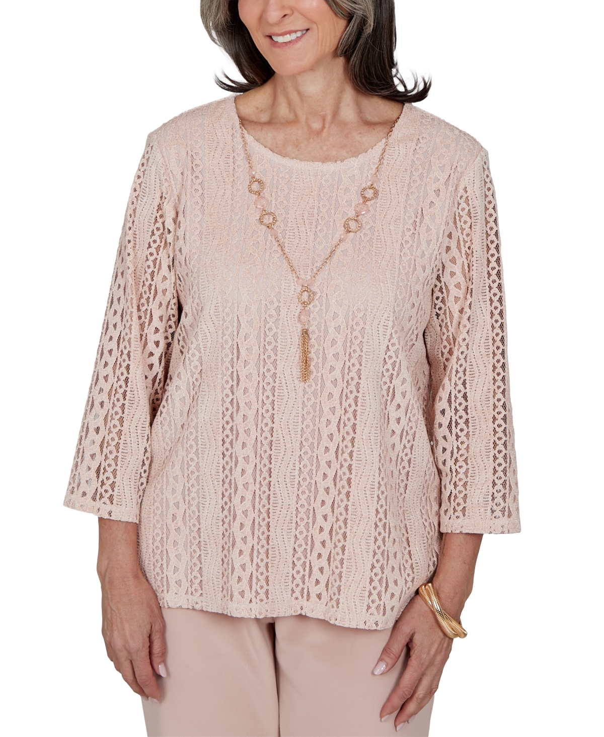 Alfred Dunner Petite 3/4-sleeve Lace Knit Blouse In Rose