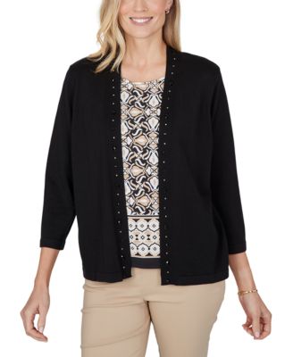 Petite Shawl-Collar Embellished 3/4-Sleeve Cardigan Sweater