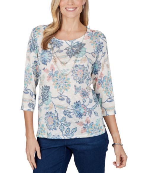 Женская блузка Alfred Dunner Petite Floral-Print 3/4-Sleeve Side-Slit, цвет: Синий разноцветный