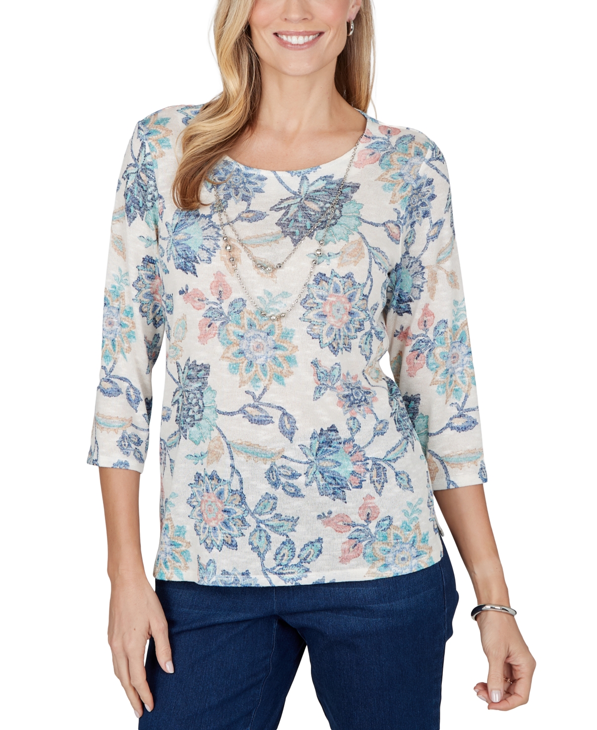 Alfred Dunner Petite Floral-print 3/4-sleeve Side-slit Blouse In Blue Multi