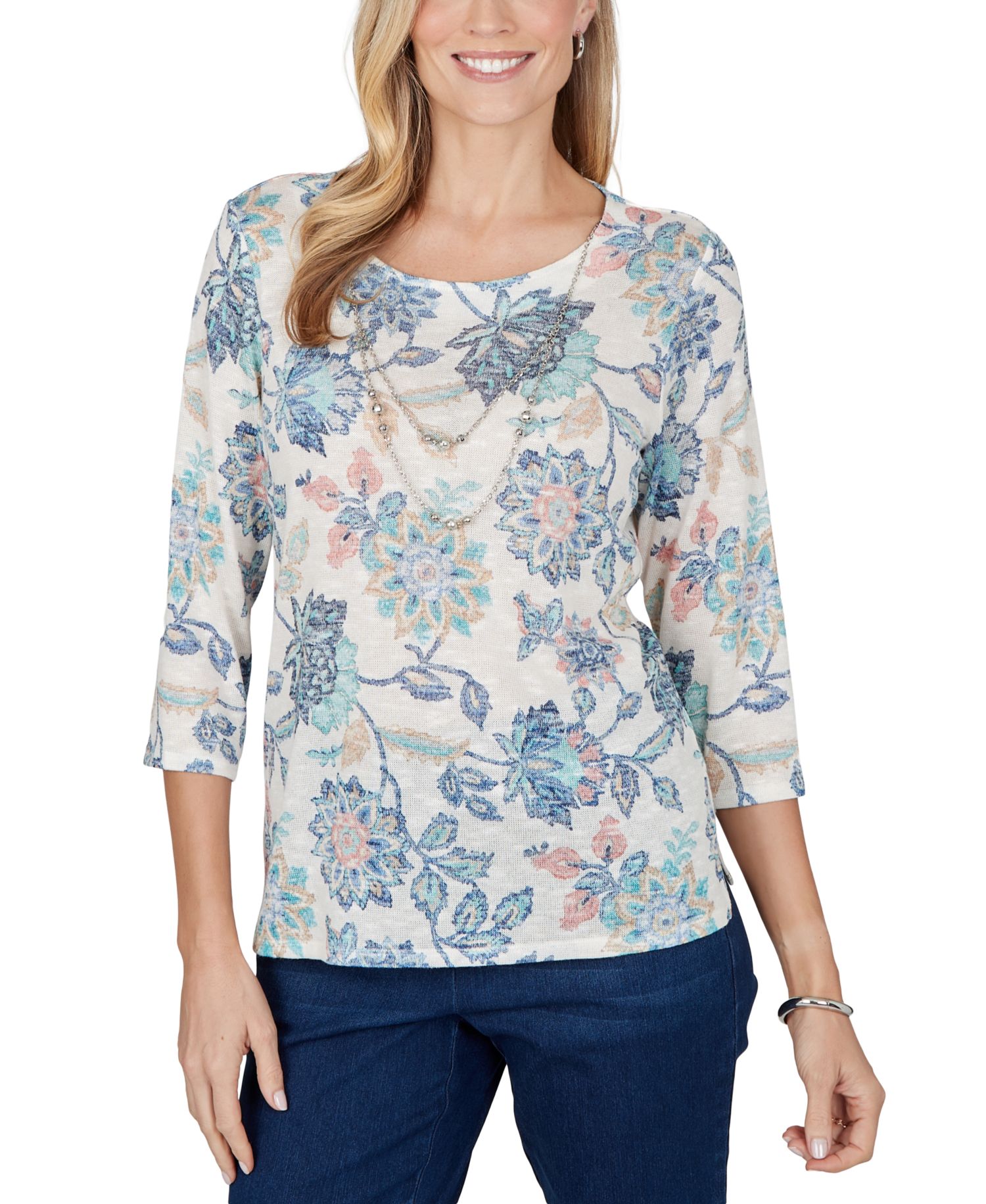 Petite Floral-Print 3/4-Sleeve Side-Slit Blouse