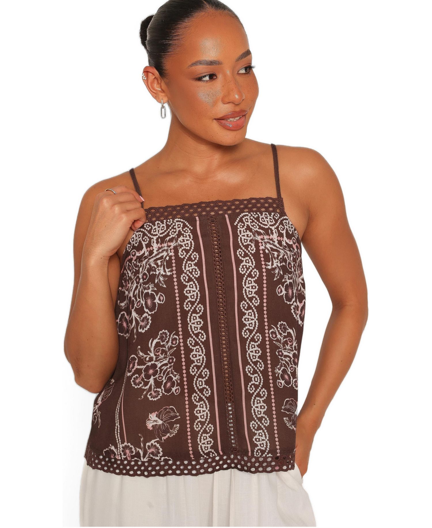 Women's Erina Square-Neck Lace Trim Linen-Blend Tank