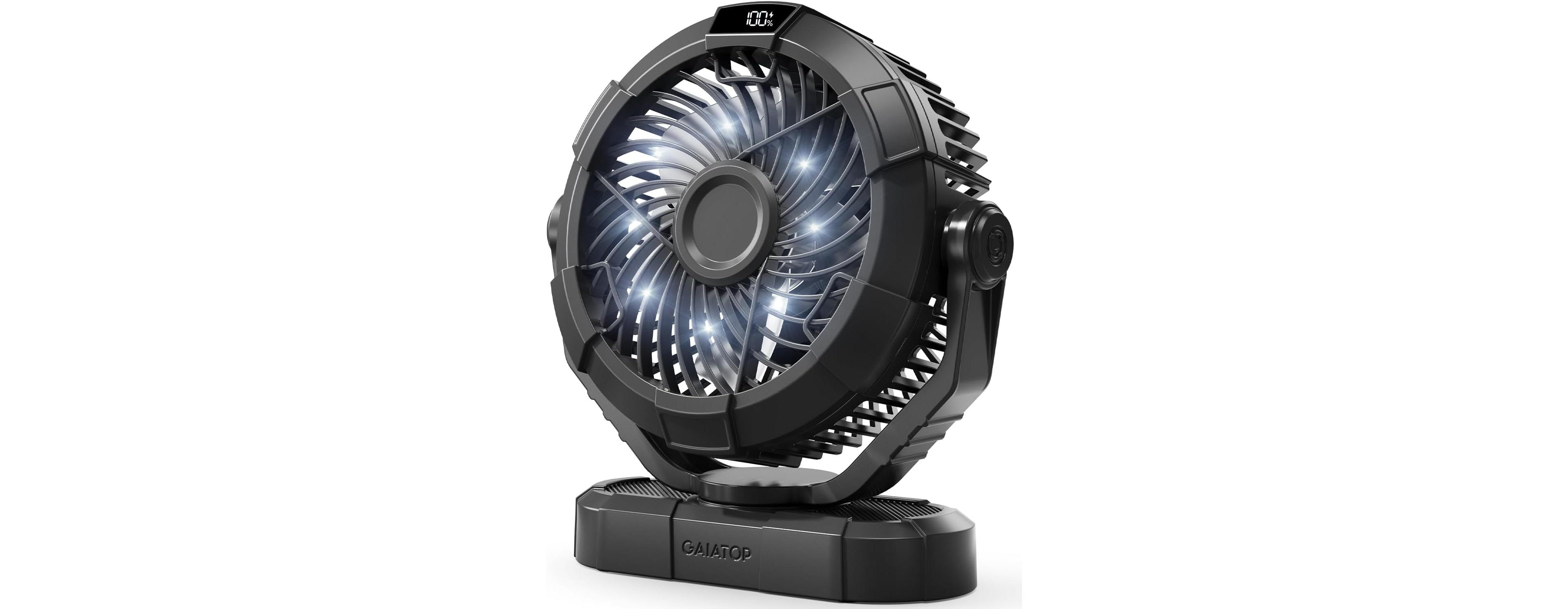 Gaiatop Portable Camping Fan with Led Lantern, Power Display 360degree(s) Head Rotation, Hanging Hook for Tent, 3 Speed Quiet Rechargeable Battery