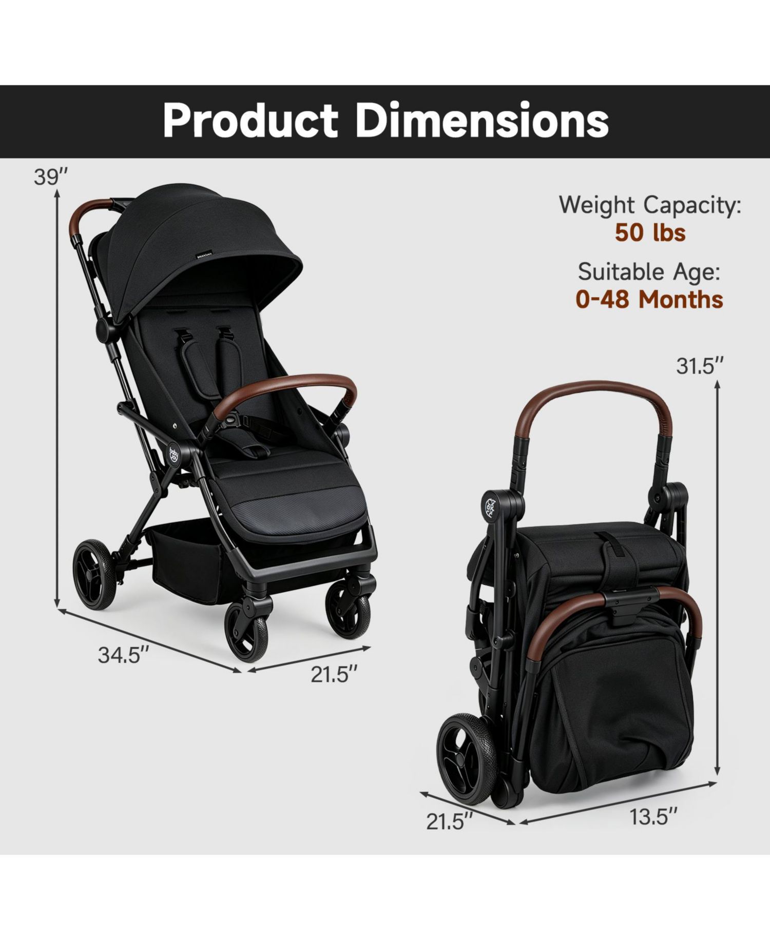 Lightweight Baby Stroller w/One-Hand Folding Adjustable Canopy Backrest Footrest