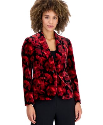 Petite Floral-Print Velvet Shawl-Collar Blazer