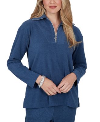 Petite Ribbed-Knit Quarter-Zip Long-Sleeve Top