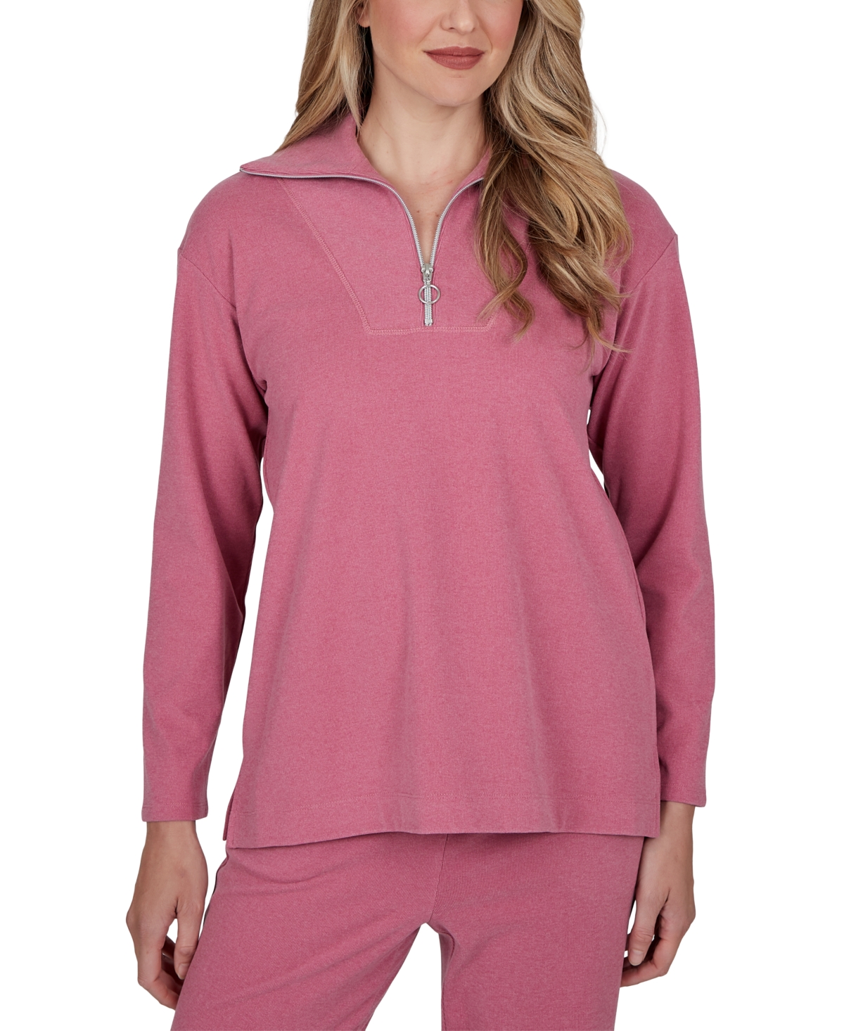 Ruby Rd. Women's Ribbed-Knit Quarter-Zip Long-Sleeve Top - Tea
