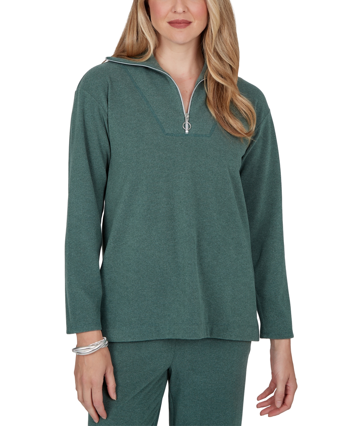 Ruby Rd. Women's Ribbed-Knit Quarter-Zip Long-Sleeve Top - Spruce
