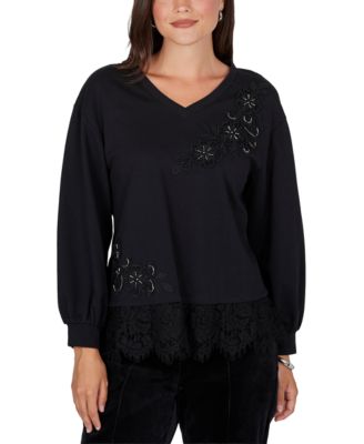 Petite Long-Sleeve V-Neck Lace Pullover