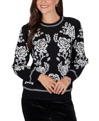 Petite Floral-Print Crewneck Long-Sleeve Pullover Sweater