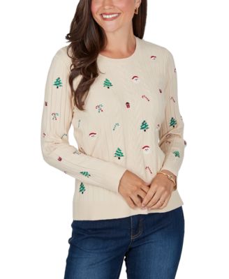 Petite Ugly Christmas Cable-Knit Long-Sleeve Sweater