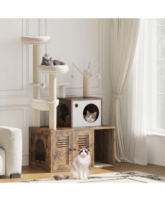 Litter Box Enclosure Cat Tree with Sisal Scratching Post and Soft Plush