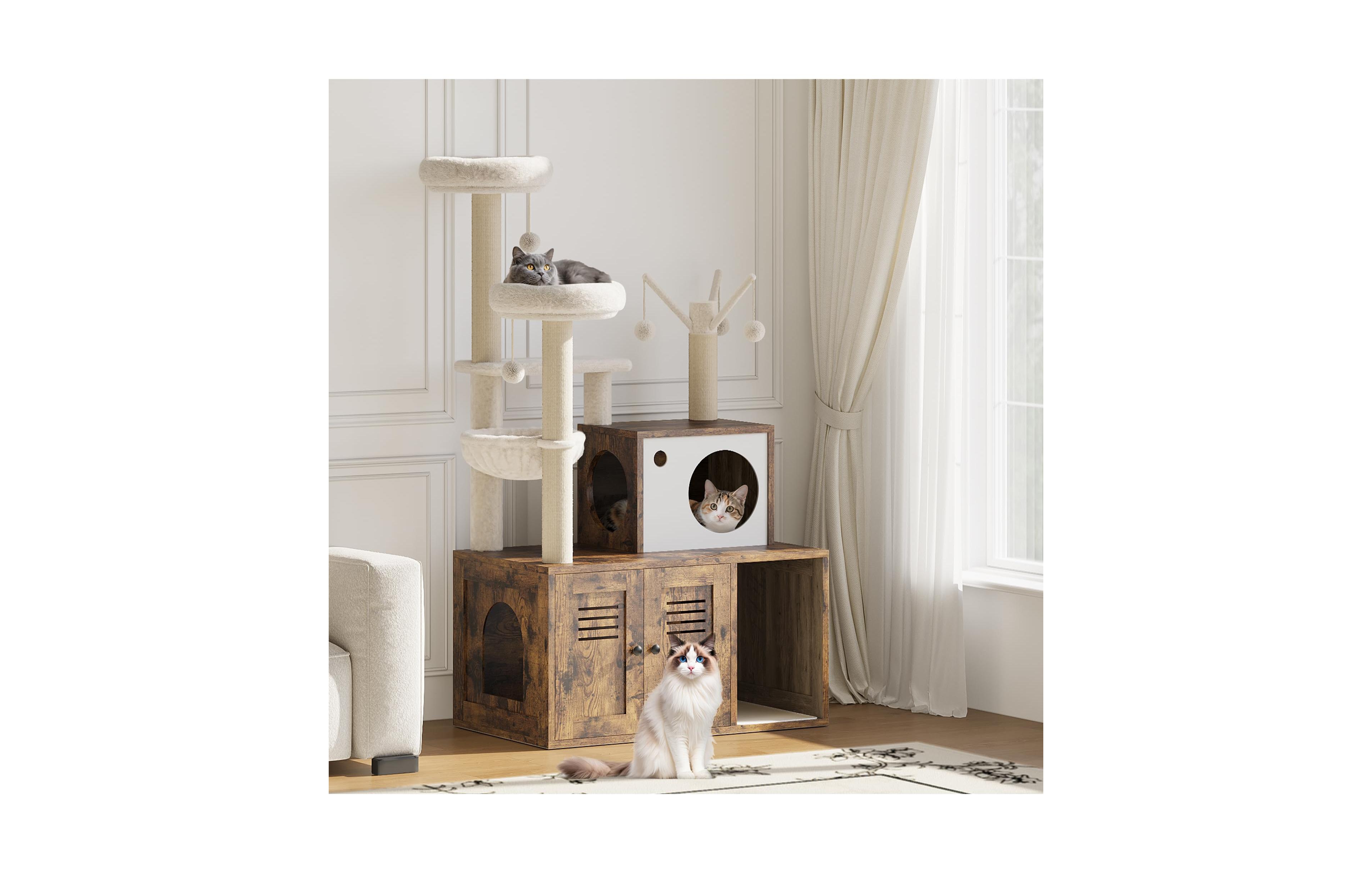 Lalfpet Litter Box Enclosure Cat Tree with Sisal Scratching Post and Soft Plush