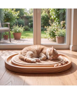 Oval Wooden Cat Scratcher Pad, Replaceable Sisal Surface with Rolling Ball Interactive Toy for Indoor Cats