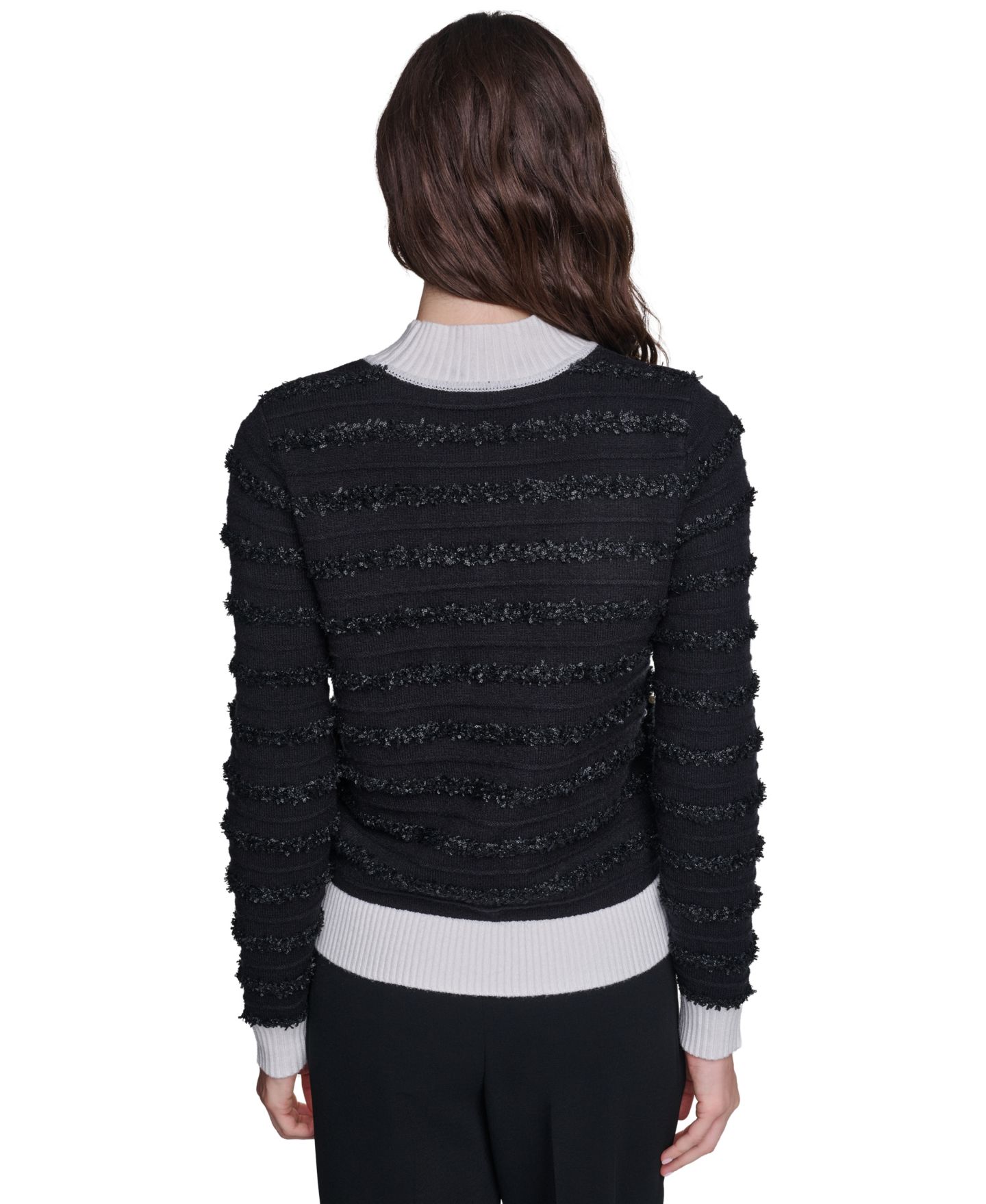 Женский свитер KARL LAGERFELD PARIS Petite All Over Imitation Pearl Mock Neck Long-Sleeve Striped, цвет: Чёрный / Мягкий белый — фото 4
