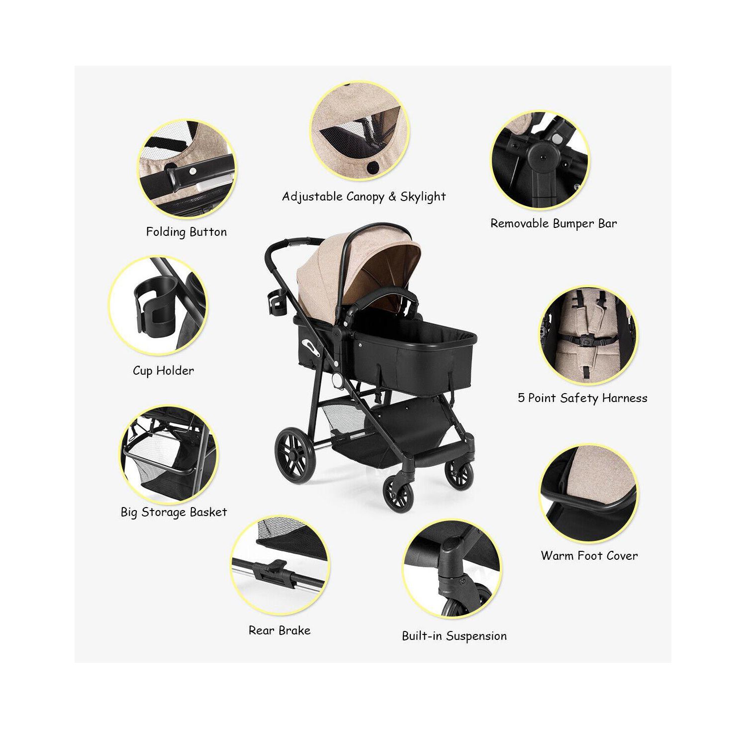 2-in-1 Baby Pushchair with Foldable Design for Newborn Infants