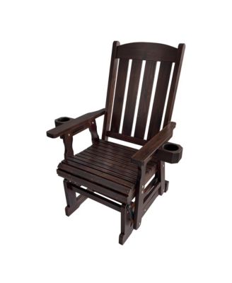 Wooden Patio Glider with Deep Seat, High Backrest & Dual Cup Holders, Solid Fir Wood Construction