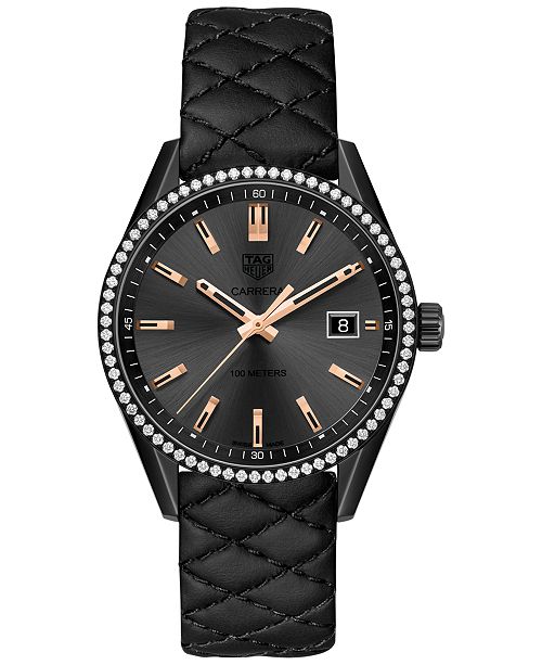 Tag Heuer Women S Swiss Diamond 3 4 Ct T W Carrera Black Quilted Leather Strap Watch 39mm Reviews Watches Jewelry Watches Macy S