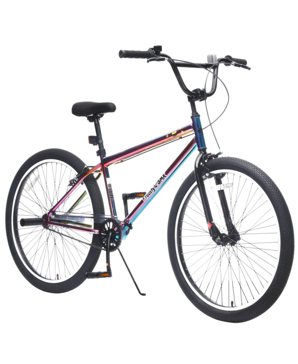 ECHTPeak 26" Freestyle Bike for Teens with steel frame, single-speed design, front caliper brake, rear V-brake, and 2 stunt pegs - Black blue pink pur