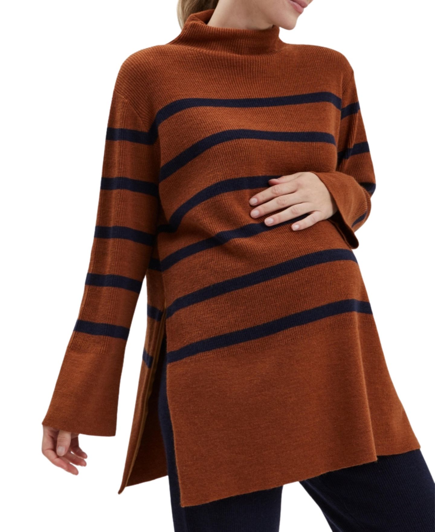 Женский свитер NOM Maternity Sarabeth Nursing Mock Neck, цвет: Ржавый тёмно-синий полосатый — фото 1